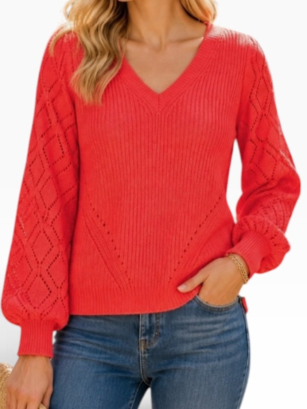 Lilly Pulitzer "Luletta" Spicy Coral V-Neck Pointelle PUff Sleeve Sweater S